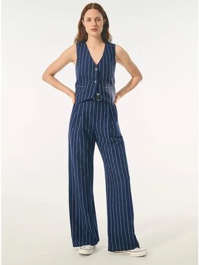 GAP Linen-Cotton Vest Pantsuit | XSmall | Navy Blue Pinstripe